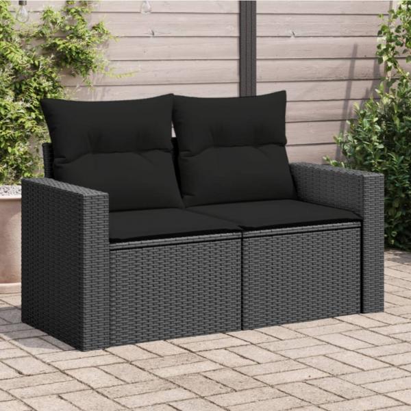 ARDEBO.de - Gartensofa mit Kissen 2-Sitzer Schwarz Poly Rattan