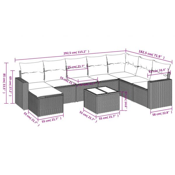 9-tlg. Garten-Sofagarnitur mit Kissen Schwarz Poly Rattan