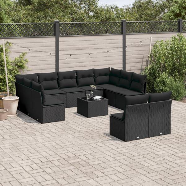 ARDEBO.de - 12-tlg. Garten-Sofagarnitur mit Kissen Schwarz Poly Rattan