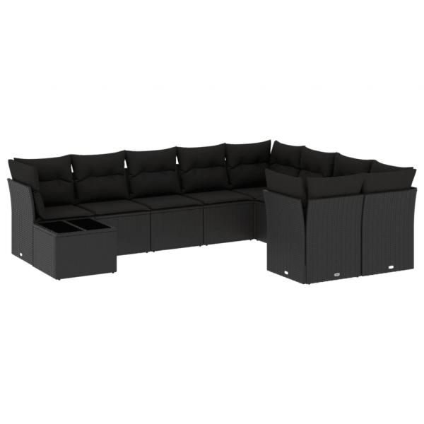 10-tlg. Garten-Sofagarnitur mit Kissen Schwarz Poly Rattan