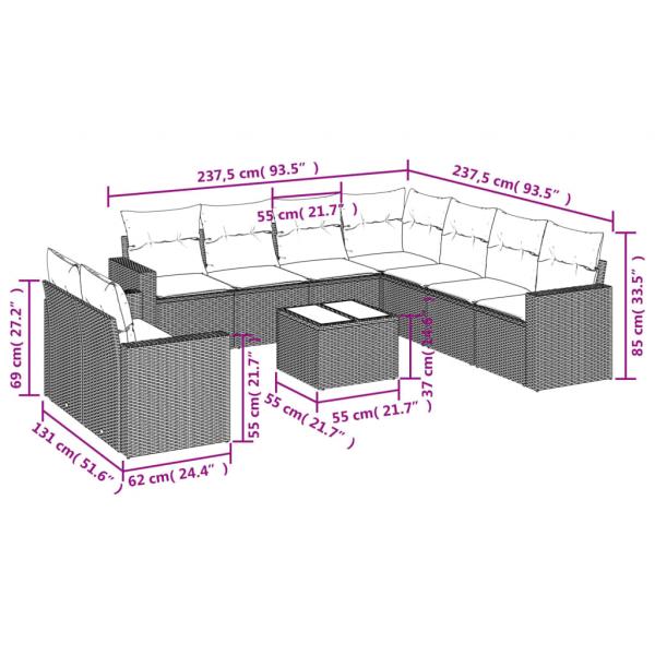 10-tlg. Garten-Sofagarnitur mit Kissen Beige Poly Rattan