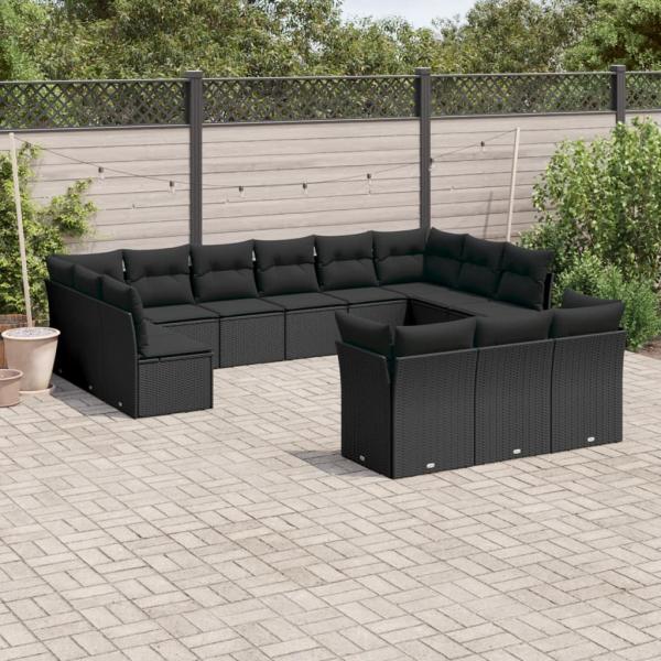 ARDEBO.de - 13-tlg. Garten-Sofagarnitur mit Kissen Schwarz Poly Rattan