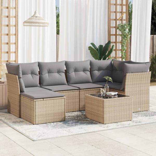 ARDEBO.de - 7-tlg. Garten-Sofagarnitur mit Kissen Beige Poly Rattan