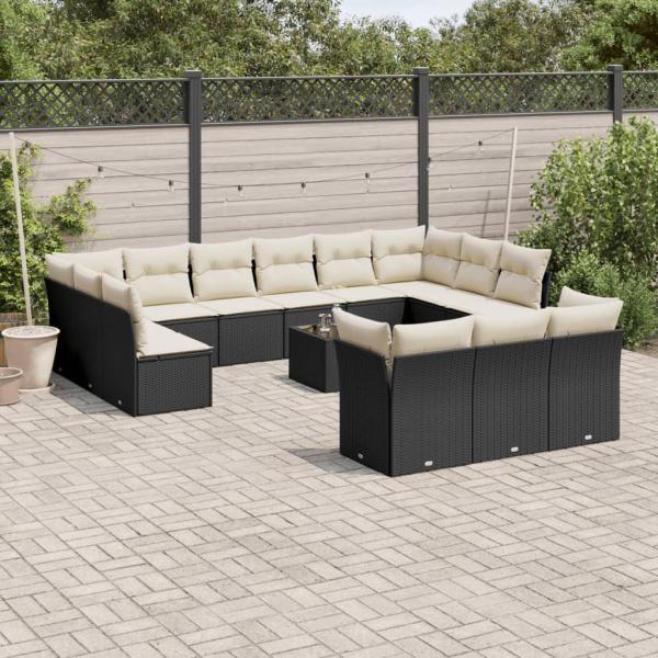 ARDEBO.de - 14-tlg. Garten-Sofagarnitur mit Kissen Schwarz Poly Rattan