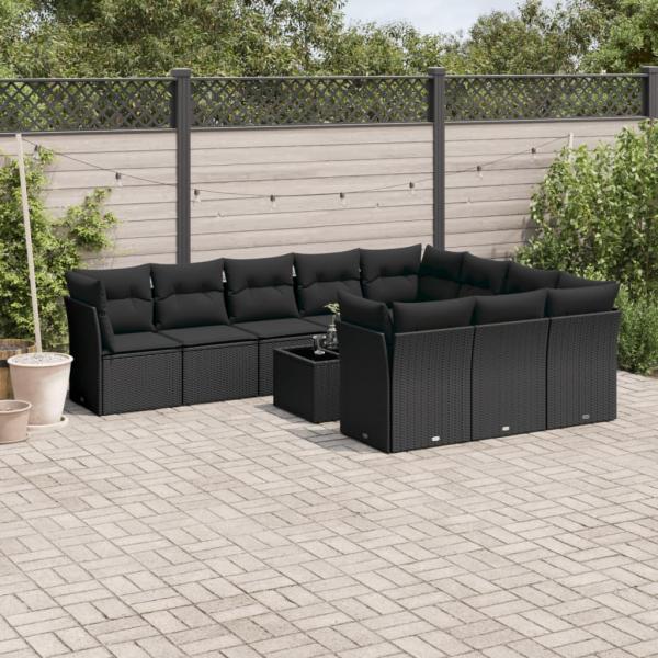 ARDEBO.de - 11-tlg. Garten-Sofagarnitur mit Kissen Schwarz Poly Rattan