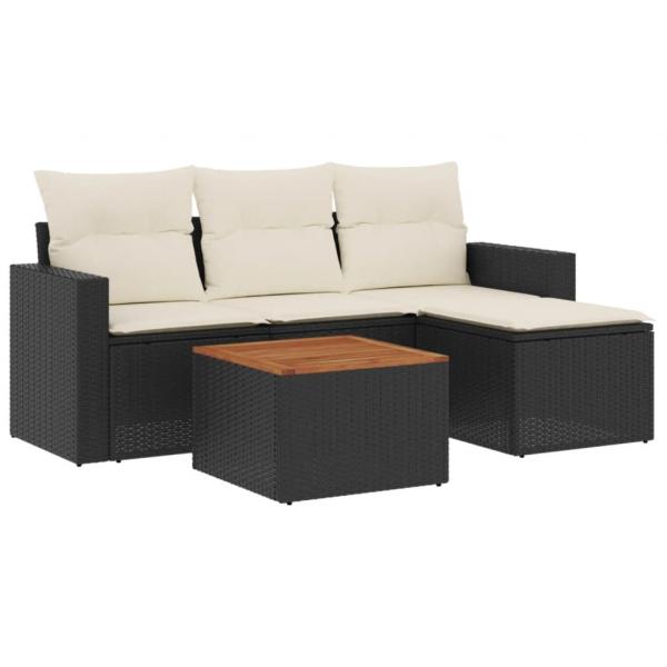 5-tlg. Garten-Sofagarnitur mit Kissen Schwarz Poly Rattan