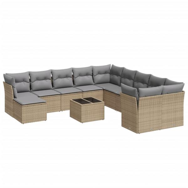 12-tlg. Garten-Sofagarnitur mit Kissen Beige Poly Rattan