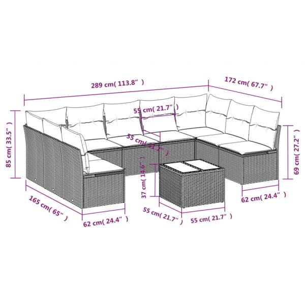 10-tlg. Garten-Sofagarnitur mit Kissen Grau Poly Rattan