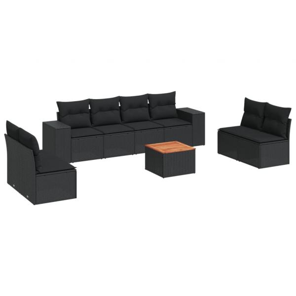 9-tlg. Garten-Sofagarnitur mit Kissen Schwarz Poly Rattan