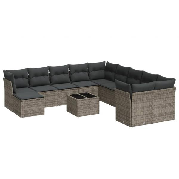 12-tlg. Garten-Sofagarnitur mit Kissen Grau Poly Rattan