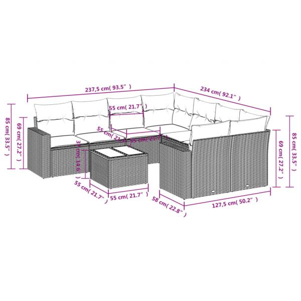 9-tlg. Garten-Sofagarnitur mit Kissen Grau Poly Rattan