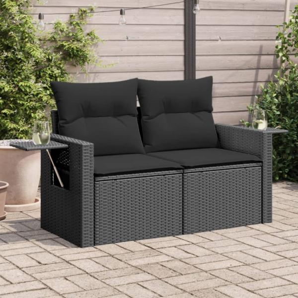 ARDEBO.de - Gartensofa mit Kissen 2-Sitzer Schwarz Poly Rattan