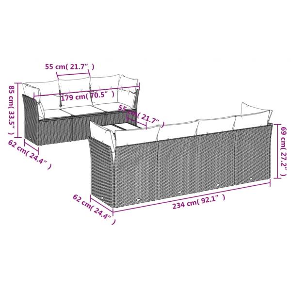 8-tlg. Garten-Sofagarnitur mit Kissen Grau Poly Rattan