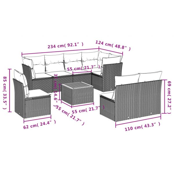 9-tlg. Garten-Sofagarnitur mit Kissen Grau Poly Rattan