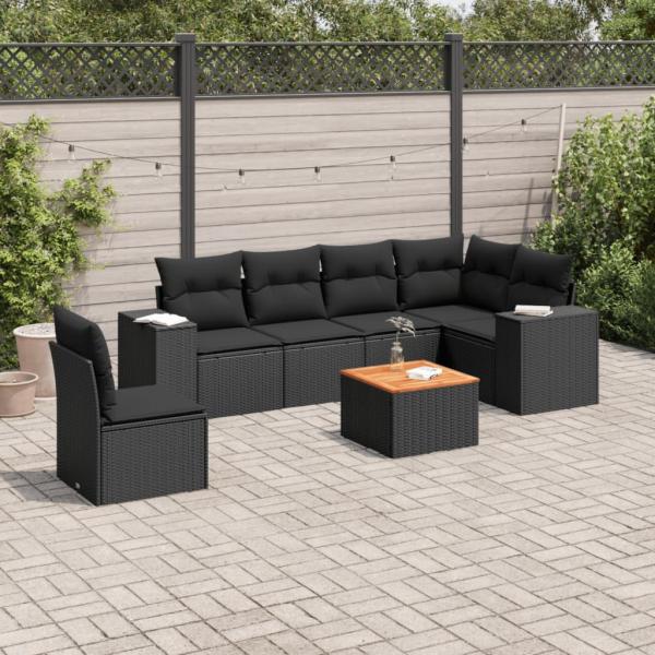 ARDEBO.de - 7-tlg. Garten-Sofagarnitur mit Kissen Schwarz Poly Rattan