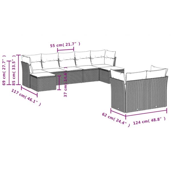 9-tlg. Garten-Sofagarnitur mit Kissen Grau Poly Rattan