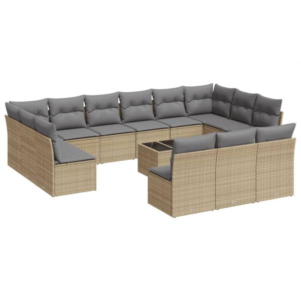 14-tlg. Garten-Sofagarnitur mit Kissen Beige Poly Rattan