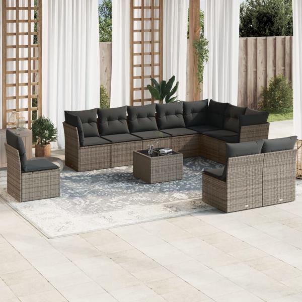 ARDEBO.de - 11-tlg. Garten-Sofagarnitur mit Kissen Grau Poly Rattan