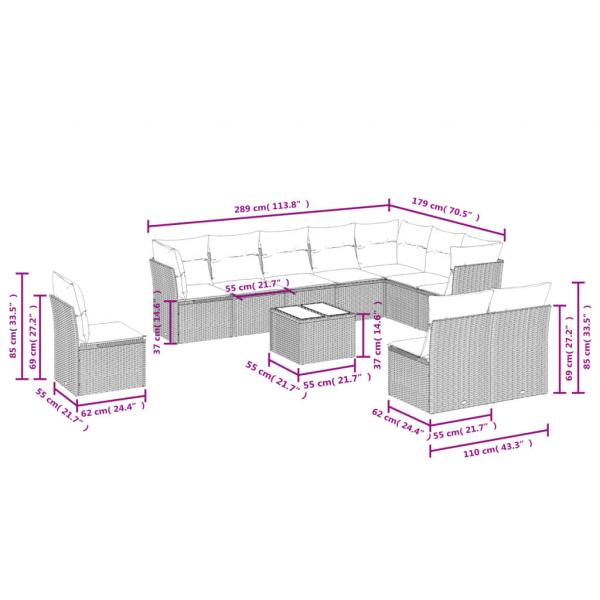 11-tlg. Garten-Sofagarnitur mit Kissen Grau Poly Rattan