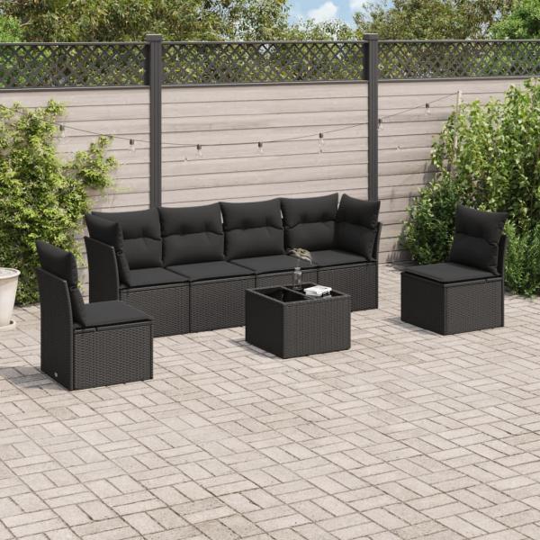 ARDEBO.de - 7-tlg. Garten-Sofagarnitur mit Kissen Schwarz Poly Rattan