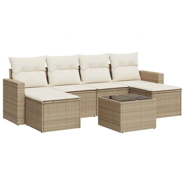 7-tlg. Garten-Sofagarnitur mit Kissen Beige Poly Rattan