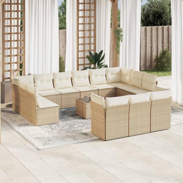 ARDEBO.de - 14-tlg. Garten-Sofagarnitur mit Kissen Beige Poly Rattan