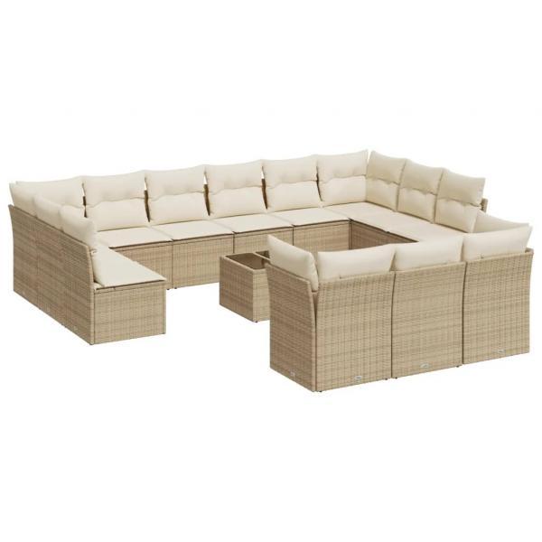 14-tlg. Garten-Sofagarnitur mit Kissen Beige Poly Rattan