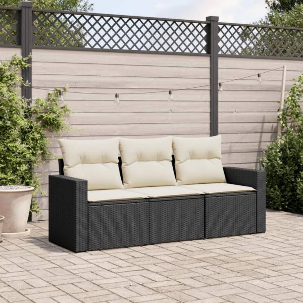 ARDEBO.de - 3-tlg. Garten-Sofagarnitur mit Kissen Schwarz Poly Rattan