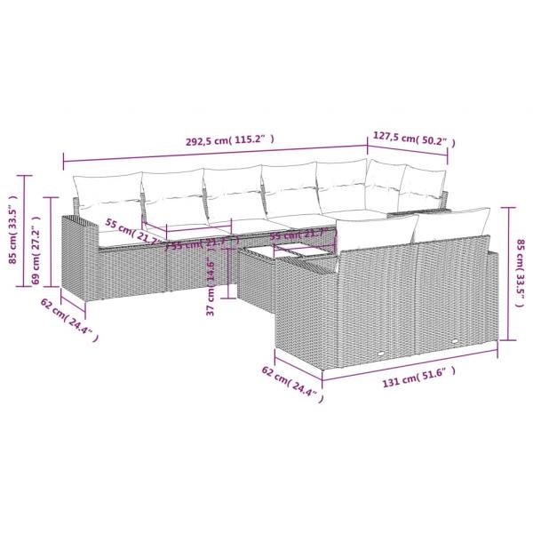 9-tlg. Garten-Sofagarnitur mit Kissen Schwarz Poly Rattan