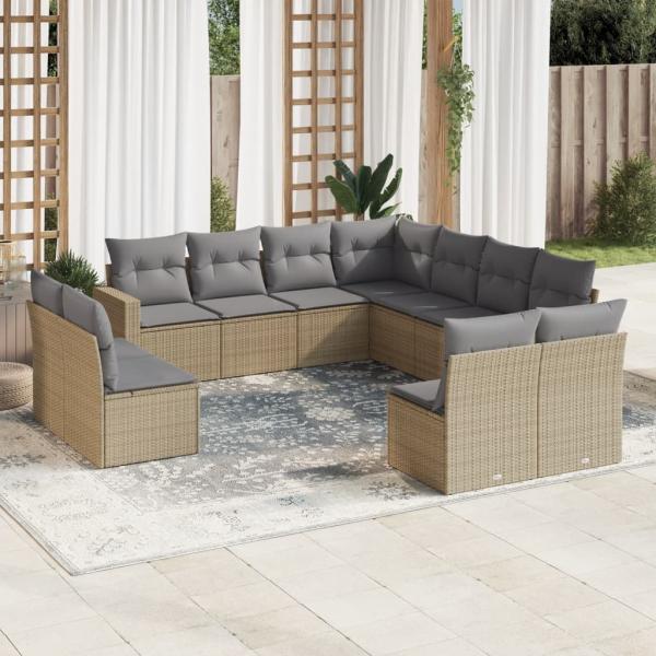 ARDEBO.de - 11-tlg. Garten-Sofagarnitur mit Kissen Beige Poly Rattan