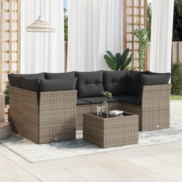 ARDEBO.de - 7-tlg. Garten-Sofagarnitur mit Kissen Grau Poly Rattan