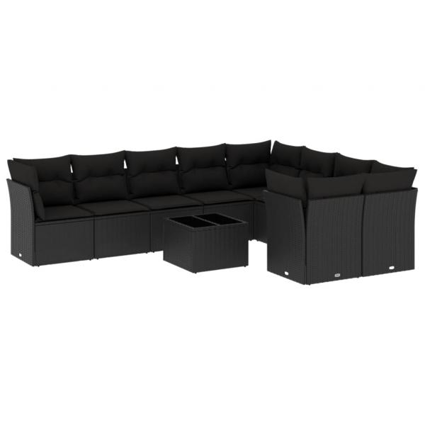 10-tlg. Garten-Sofagarnitur mit Kissen Schwarz Poly Rattan