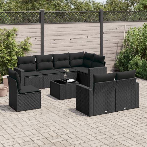 ARDEBO.de - 9-tlg. Garten-Sofagarnitur mit Kissen Schwarz Poly Rattan