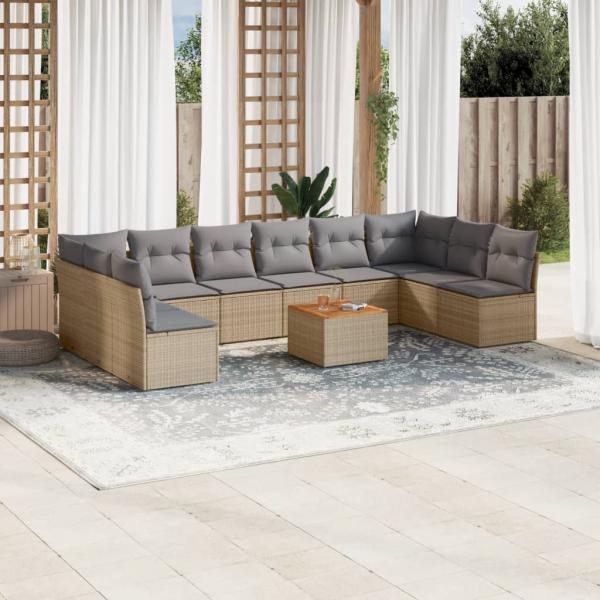 ARDEBO.de - 11-tlg. Garten-Sofagarnitur mit Kissen Beige Poly Rattan