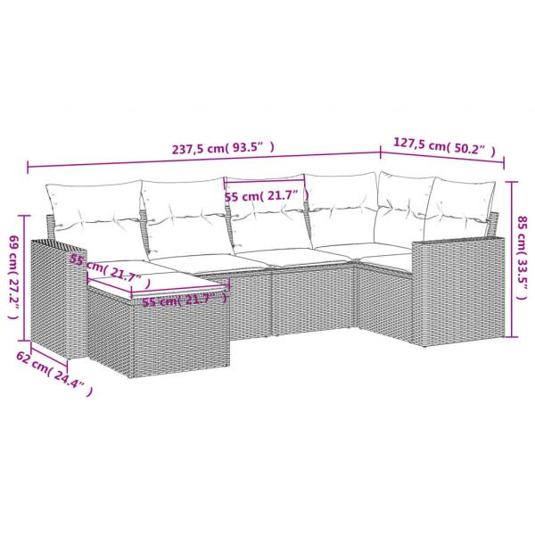 6-tlg. Garten-Sofagarnitur mit Kissen Beige Poly Rattan