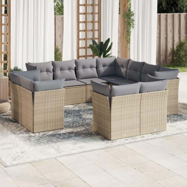 ARDEBO.de - 11-tlg. Garten-Sofagarnitur mit Kissen Beige Poly Rattan