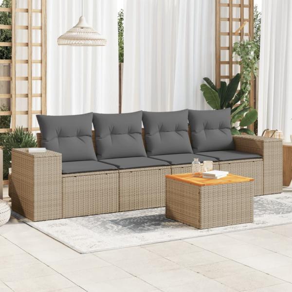 ARDEBO.de - 5-tlg. Garten-Sofagarnitur mit Kissen Beige Poly Rattan