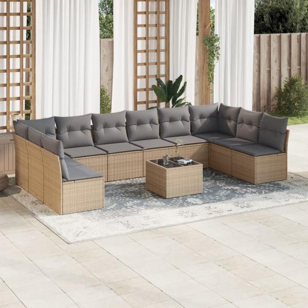 ARDEBO.de - 11-tlg. Garten-Sofagarnitur mit Kissen Beige Poly Rattan