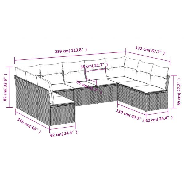 9-tlg. Garten-Sofagarnitur mit Kissen Grau Poly Rattan