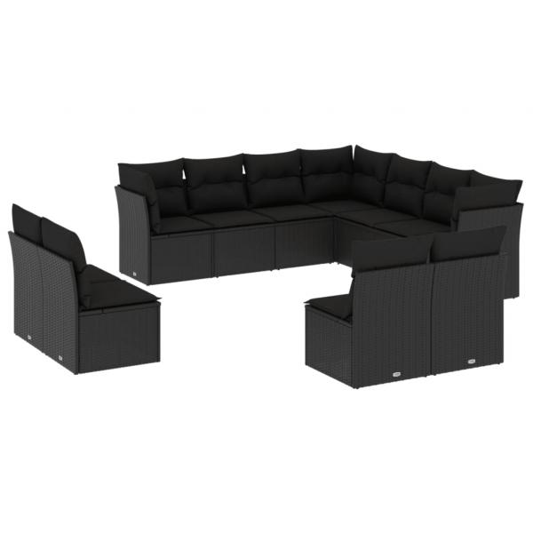 11-tlg. Garten-Sofagarnitur mit Kissen Schwarz Poly Rattan