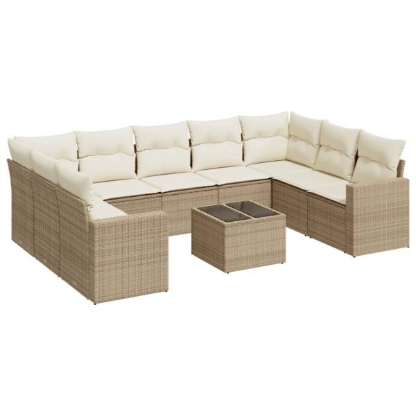 10-tlg. Garten-Sofagarnitur mit Kissen Beige Poly Rattan