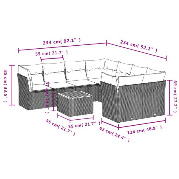 9-tlg. Garten-Sofagarnitur mit Kissen Grau Poly Rattan