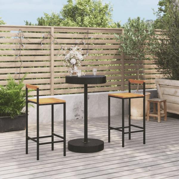 ARDEBO.de - 3-tlg. Gartenbar-Set Schwarz Poly Rattan & Massivholz Akazie