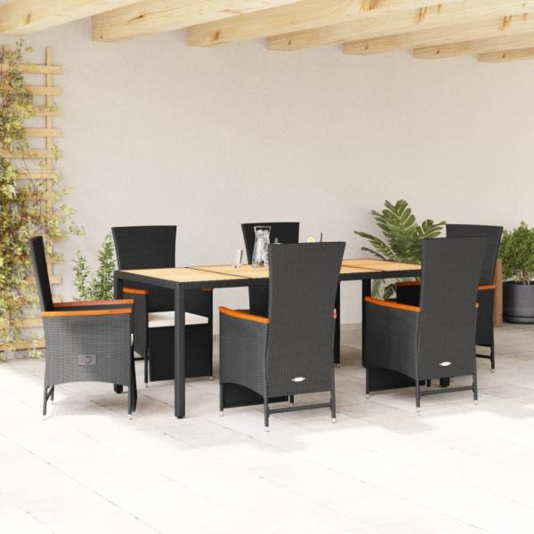 ARDEBO.de - 7-tlg. Garten-Essgruppe mit Kissen Schwarz Poly Rattan