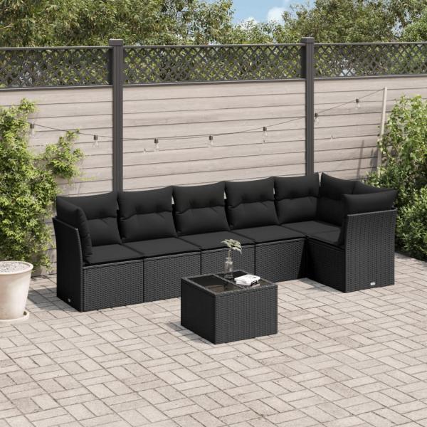 ARDEBO.de - 7-tlg. Garten-Sofagarnitur mit Kissen Schwarz Poly Rattan