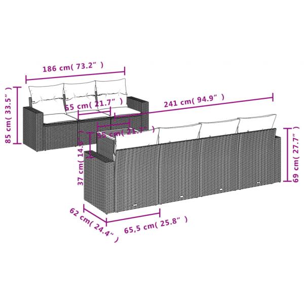 8-tlg. Garten-Sofagarnitur mit Kissen Grau Poly Rattan