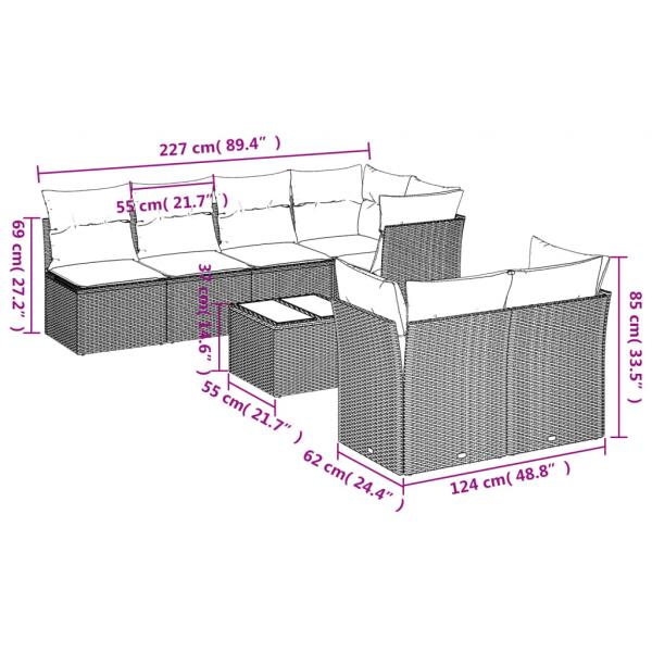 8-tlg. Garten-Sofagarnitur mit Kissen Grau Poly Rattan