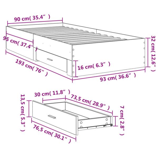 Bettgestell mit Schubladen Grau Sonoma 90x190 cm Holzwerkstoff