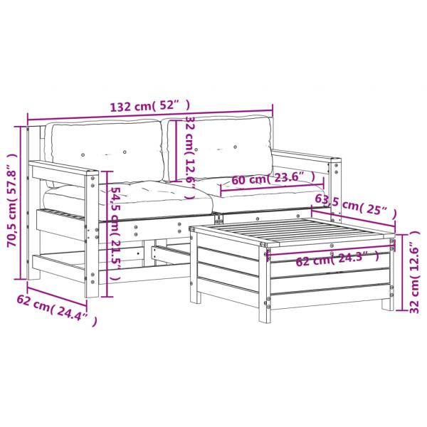 3-tlg. Garten-Lounge-Set mit Kissen Weiß Massivholz Kiefer