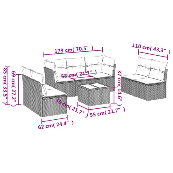 8-tlg. Garten-Sofagarnitur mit Kissen Schwarz Poly Rattan